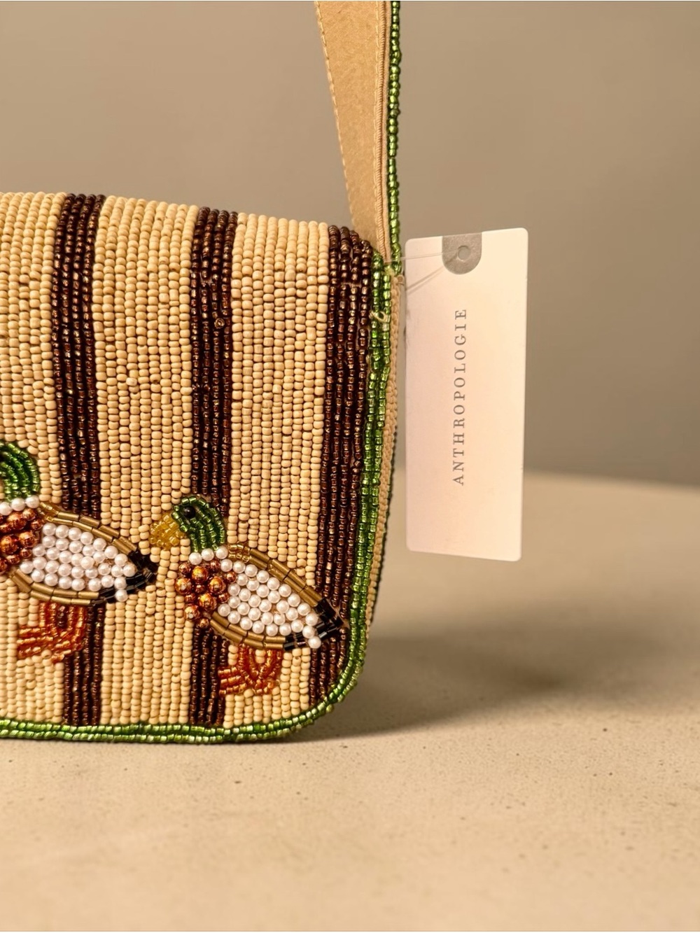 Anthropologie Cream, Brown & Green Beaded Duck Shoulder Bag - Picture 7 of 7